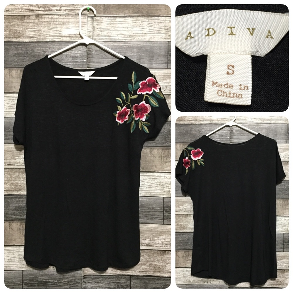Adiva Floral Embroidered T Shirt Women’s S Black Rayon Spandex Lightweight